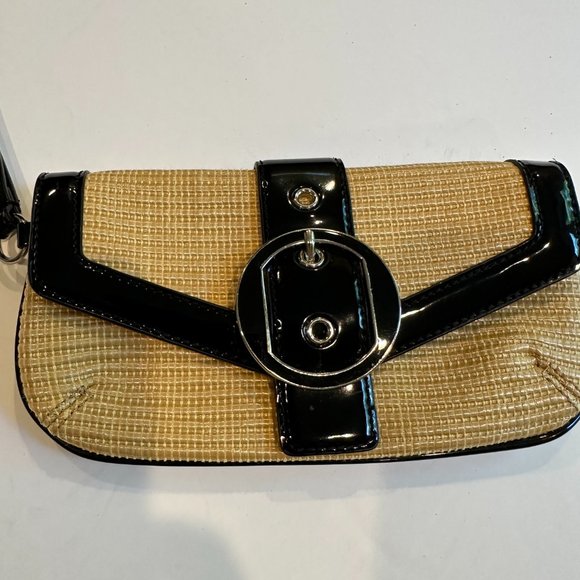 Ann Taylor Bag Clutch Wristlet Woven Wicker Black Patent Leather Classic Preppy - Picture 2 of 8